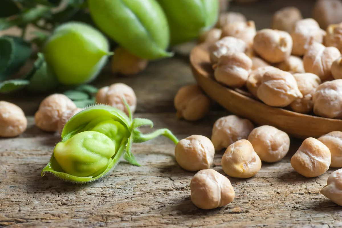 uncooked dried chickpeas and green pods on wooden table